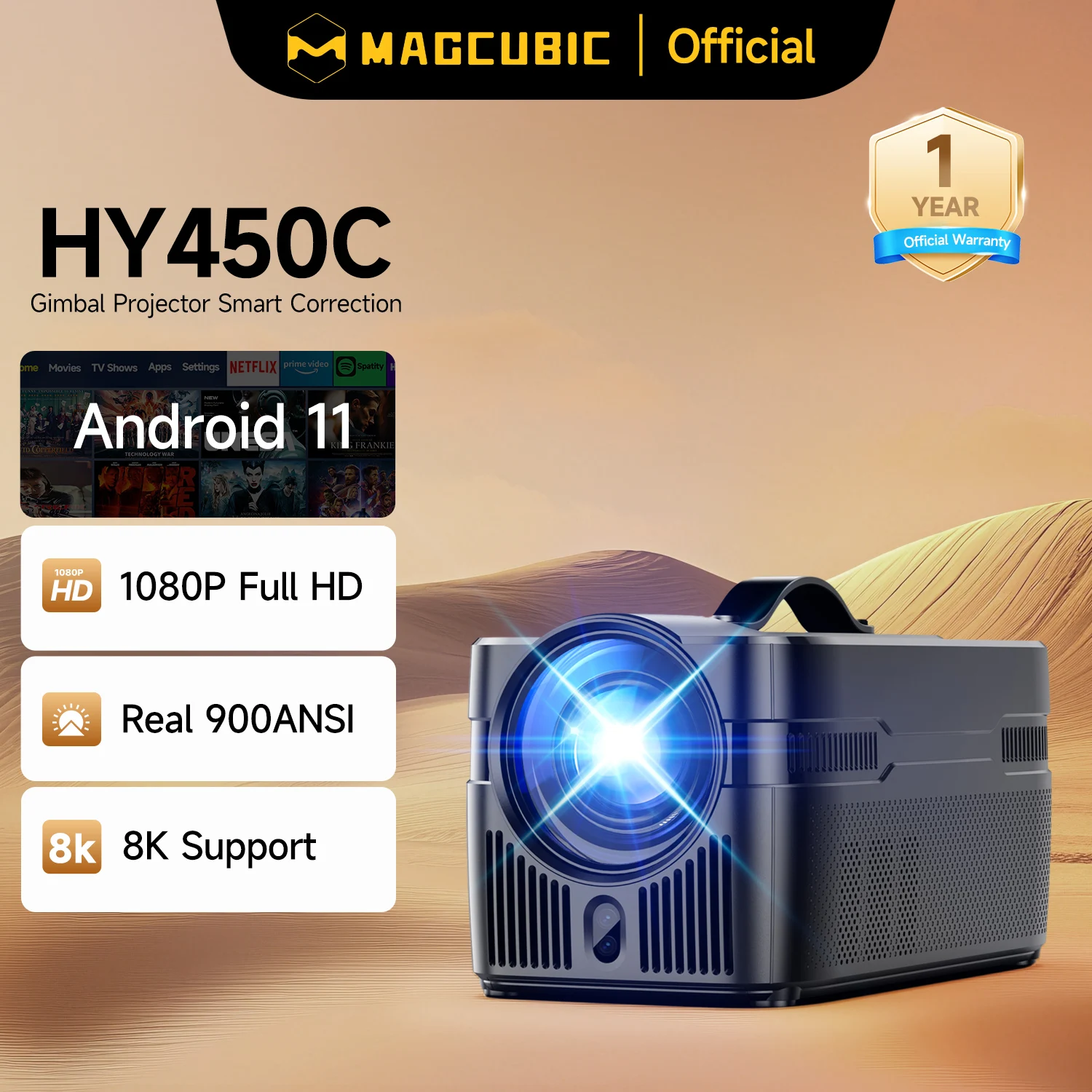 Magcubic HY450C 900ANSI Auto Focus Projector 8K 1080P Ultra Short Throw Allwinner H713 Android11 BT5.4 Auto Offset Home Theater Voice